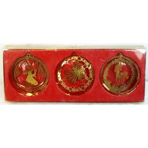 VTG 1980s Brass Ornaments set of 3 Circle Unicorn Angel Girl Prayer Laser Cut 3D